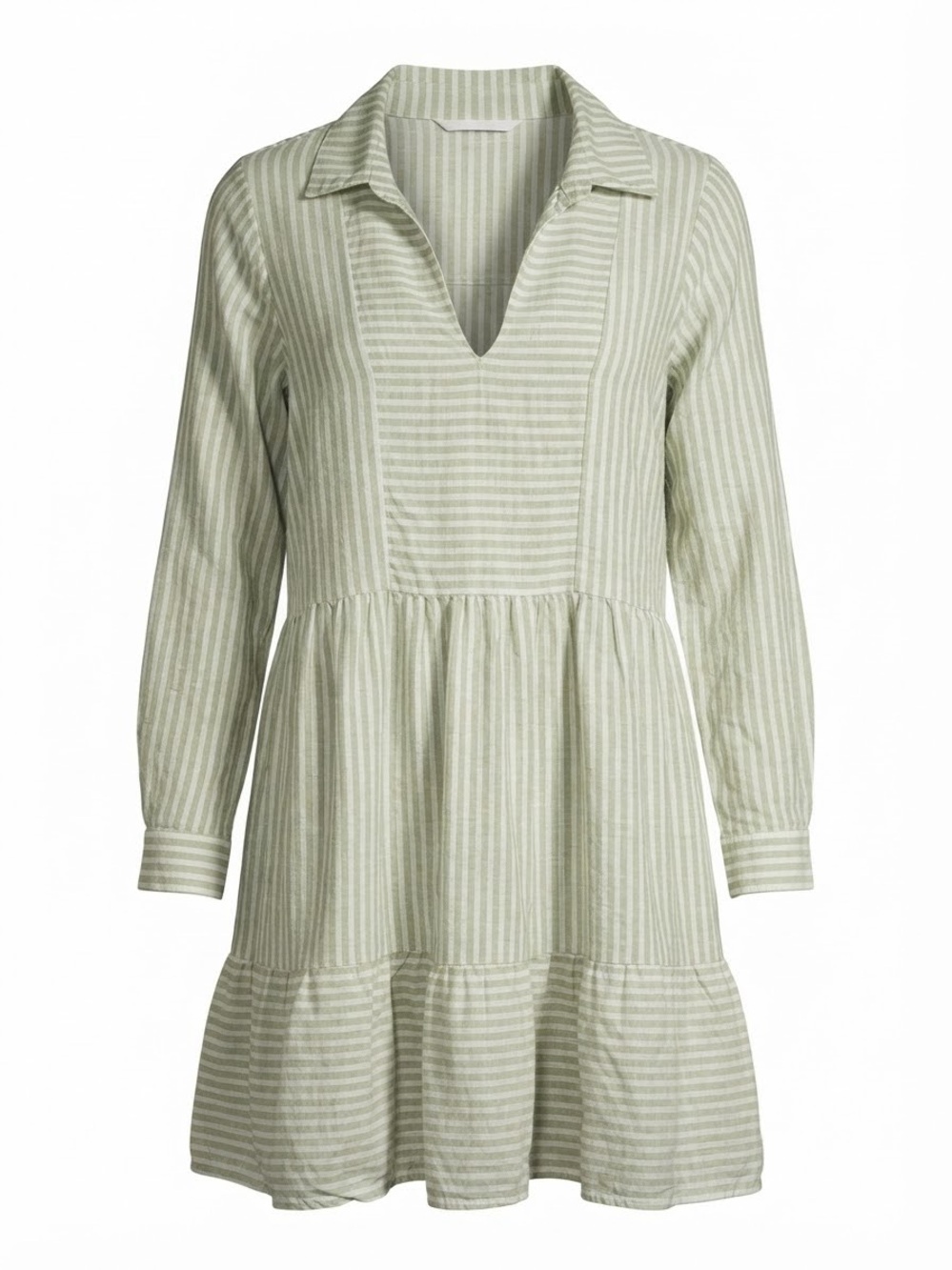 Salty Lemon Sage Green Striped Tiered Mini Dress medium